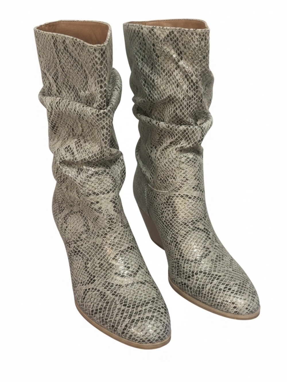 Snake-Print Slouch Mid-Calf Boots - Neutral Gray